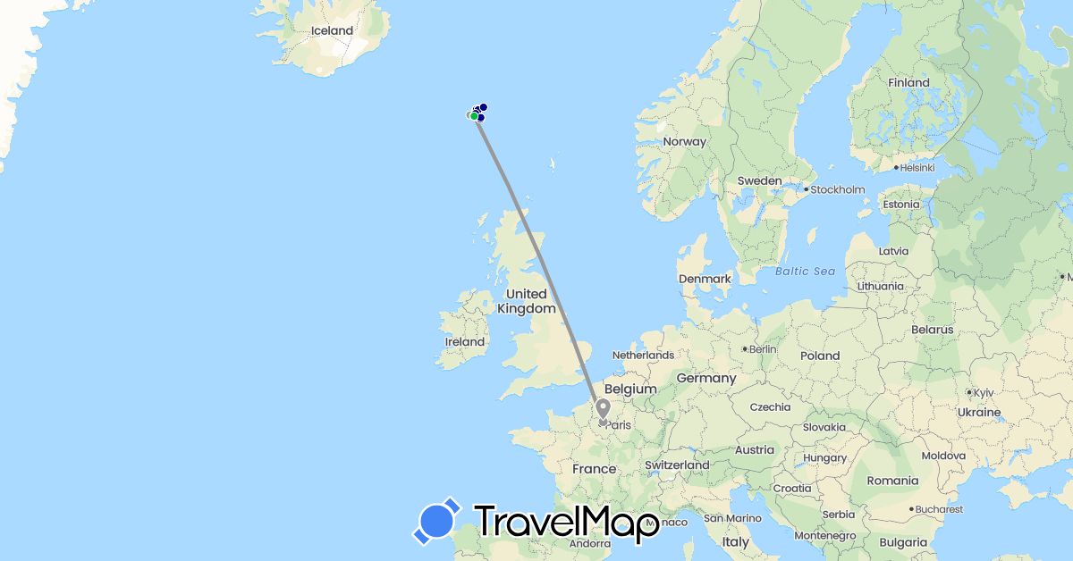 TravelMap itinerary: driving, bus, plane, hiking in Faroe Islands, France (Europe)
